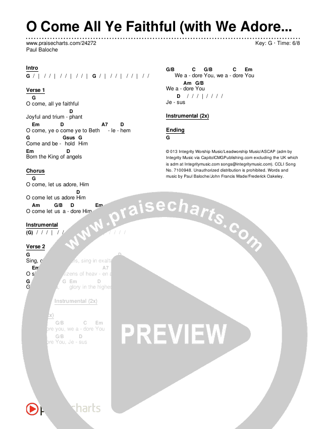 O Come All Ye Faithful (with We Adore You) Chords & Lyrics (Paul Baloche)
