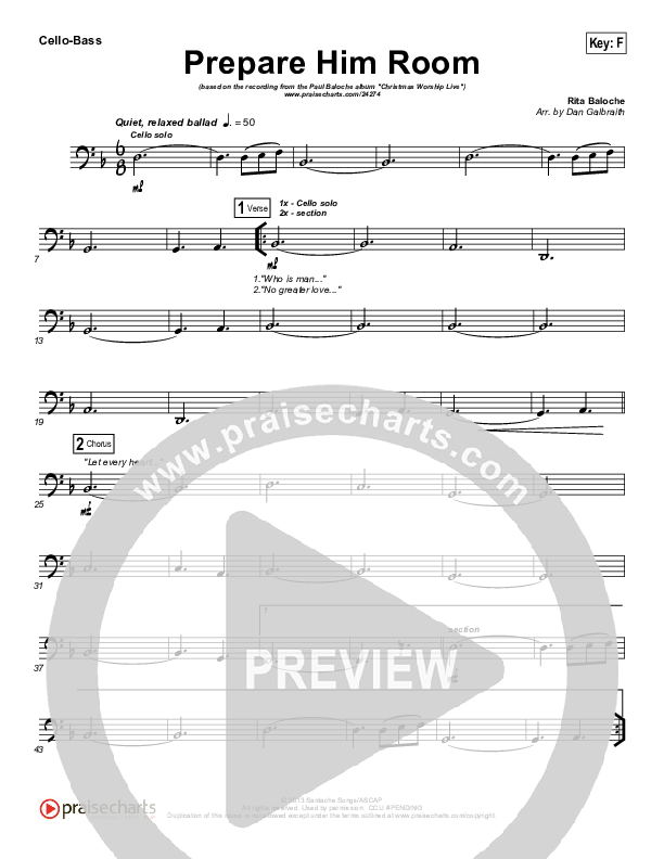 Prepare Him Room Cello/Bass (Paul Baloche)