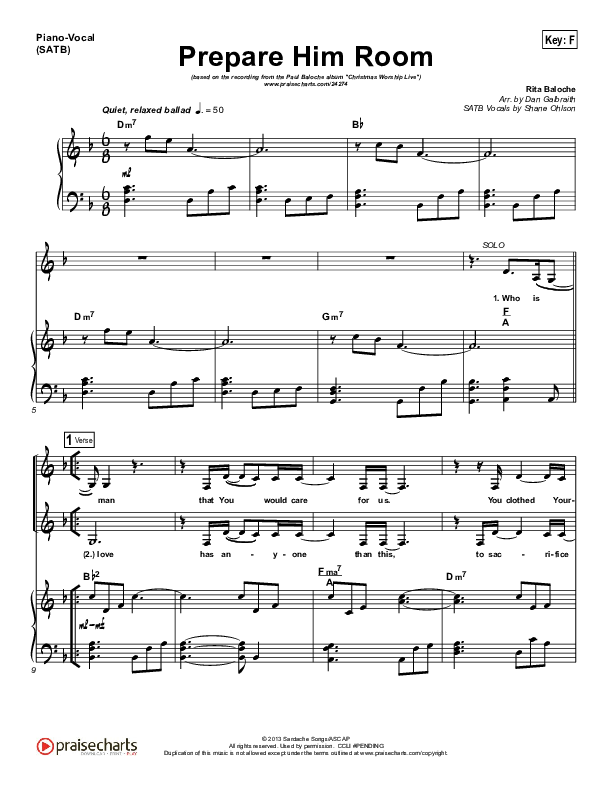 Prepare Him Room Piano/Vocal (SATB) (Paul Baloche)