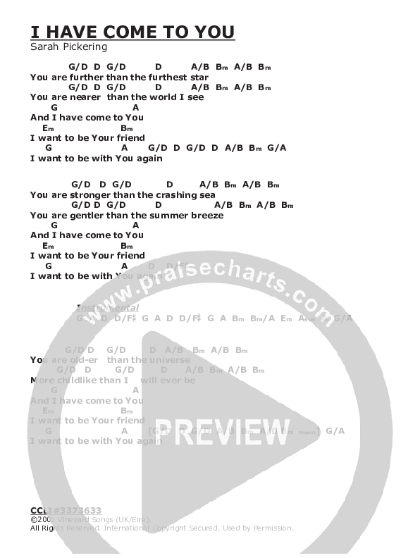 I Have Come To You Chords & Lyrics (Vineyard UK)