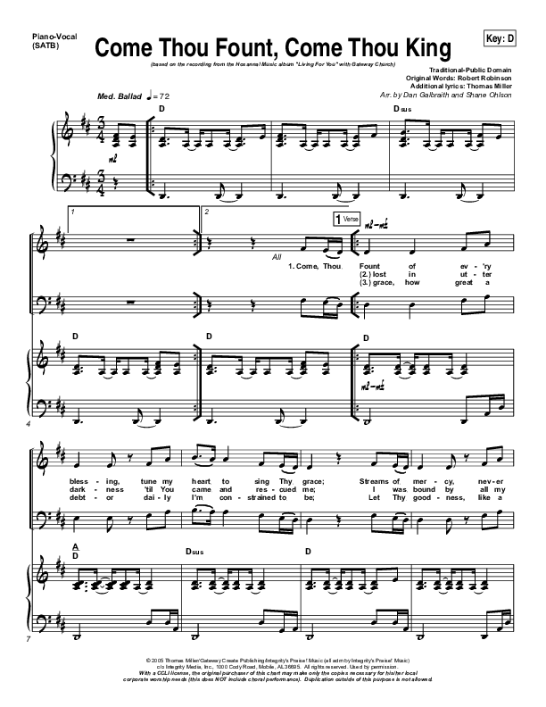 Come Thou Fount Come Thou King Piano/Vocal & Lead (Gateway Worship)