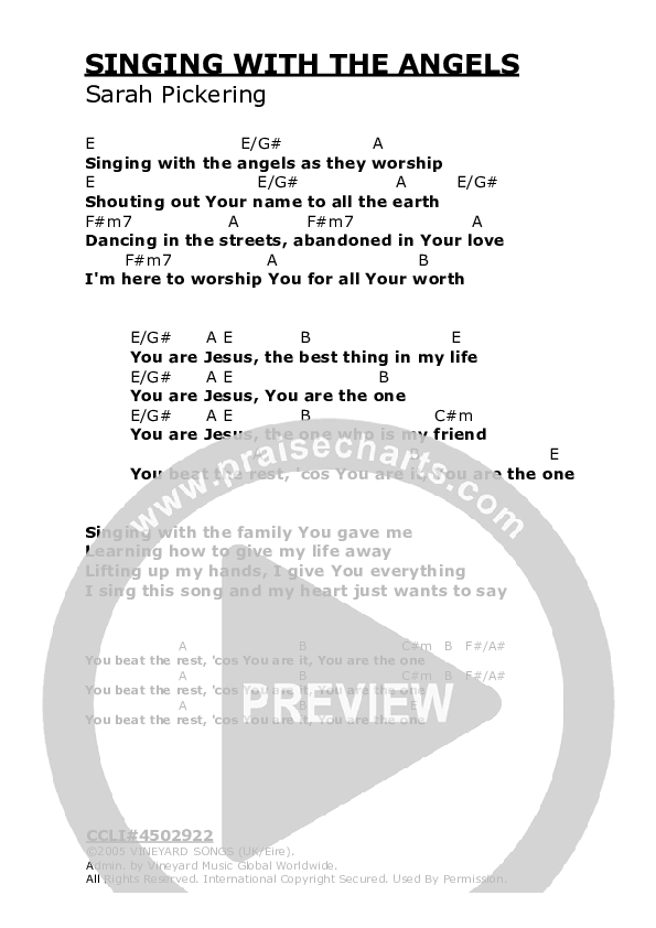 Singing With The Angels Chords & Lyrics (Vineyard UK)