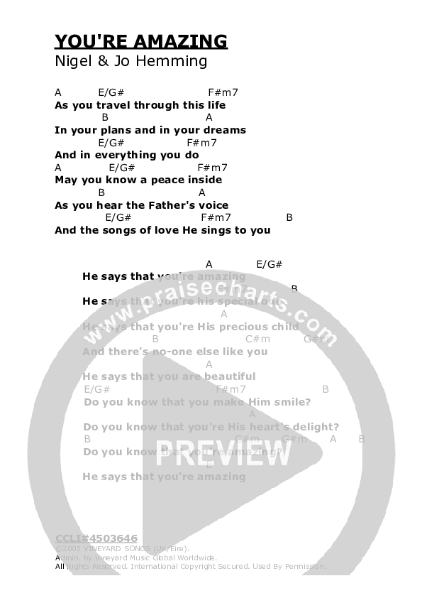 You're Amazing Chords & Lyrics (Vineyard UK)