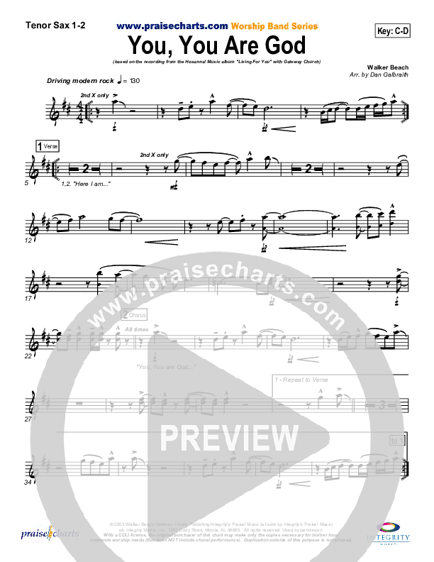 You You Are God Tenor Sax 1/2 (Gateway Worship)