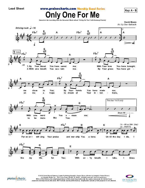 Only One For Me Lead Sheet (Gateway Worship)