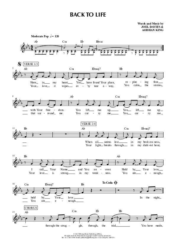 Back To Life Lead Sheet (Hillsong Young & Free)