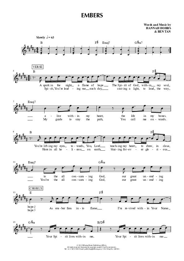 Embers Lead Sheet (Hillsong Young & Free)