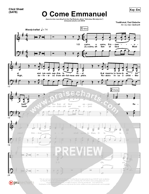 O Come Emmanuel Choir Sheet (SATB) (Paul Baloche)