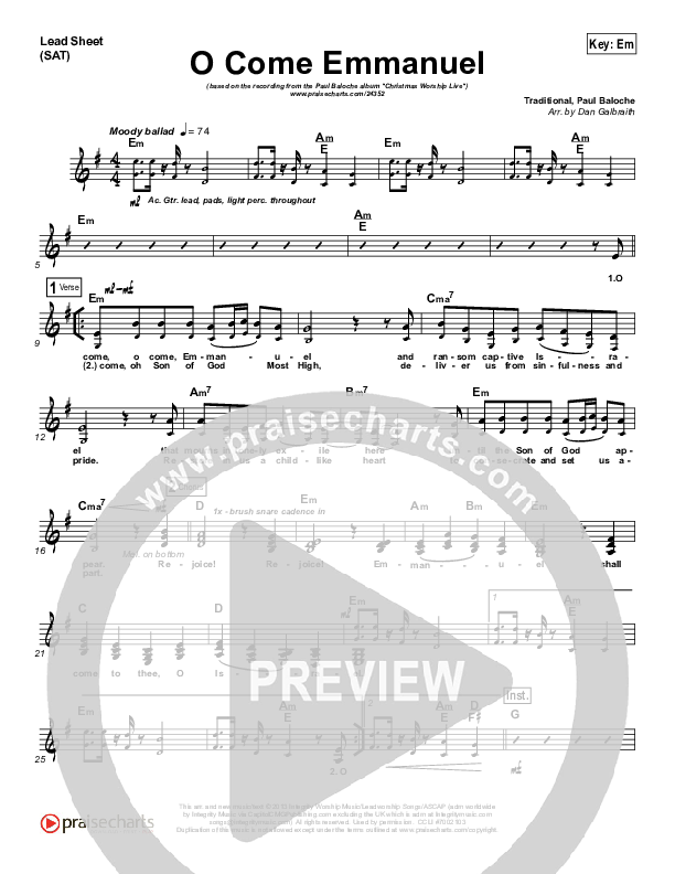 O Come Emmanuel Lead Sheet (SAT) (Paul Baloche)