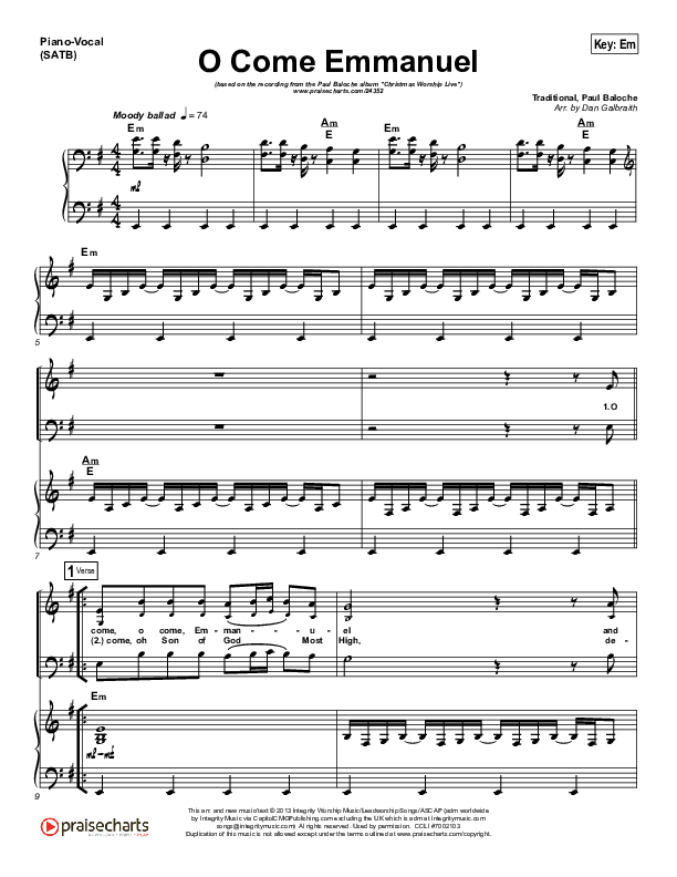 O Come Emmanuel Piano/Vocal (SATB) (Paul Baloche)