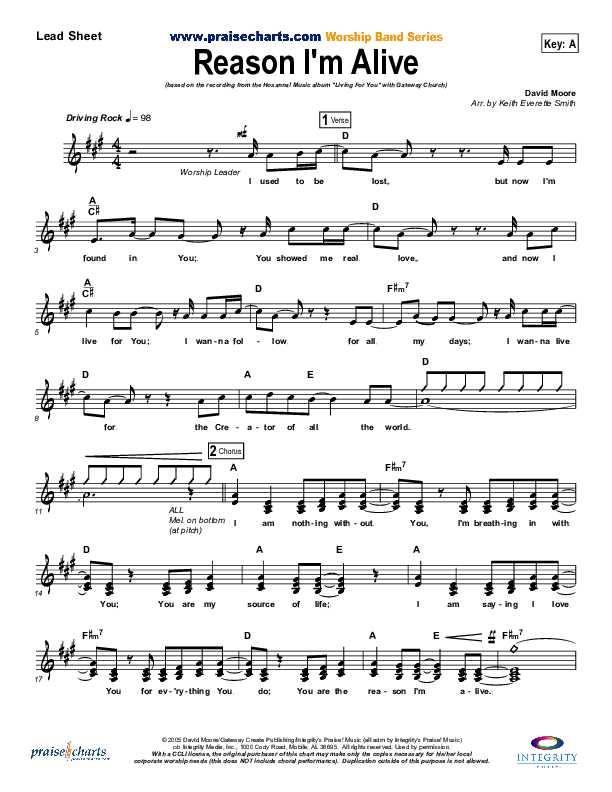 Reason I'm Alive Lead Sheet (Gateway Worship)