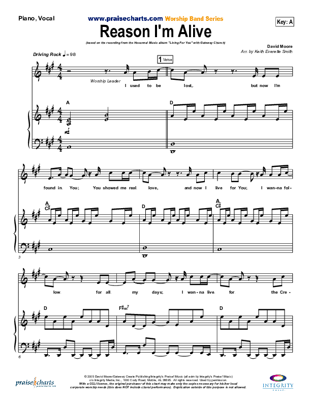 Reason I'm Alive Piano/Vocal (Gateway Worship)