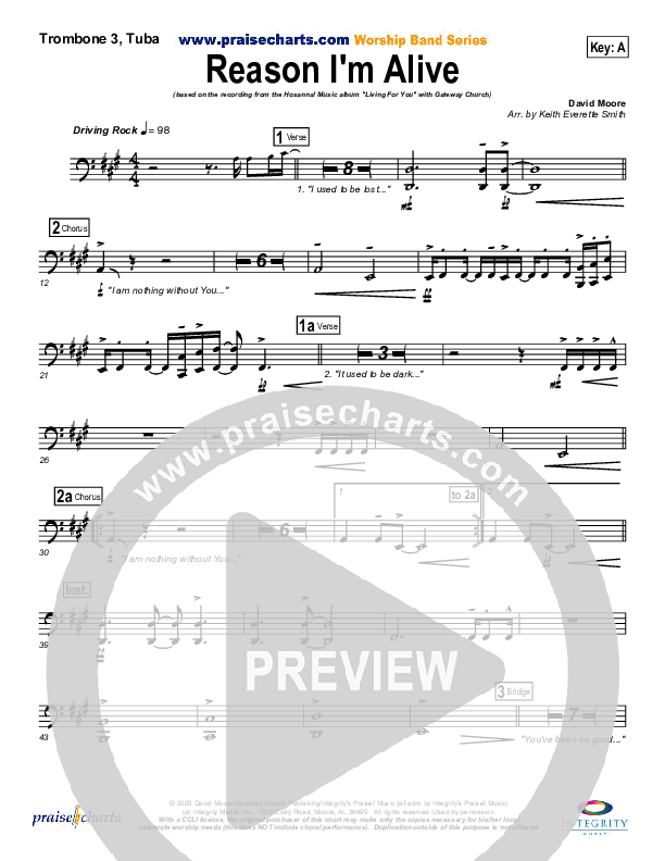 Reason I'm Alive Trombone 3/Tuba (Gateway Worship)