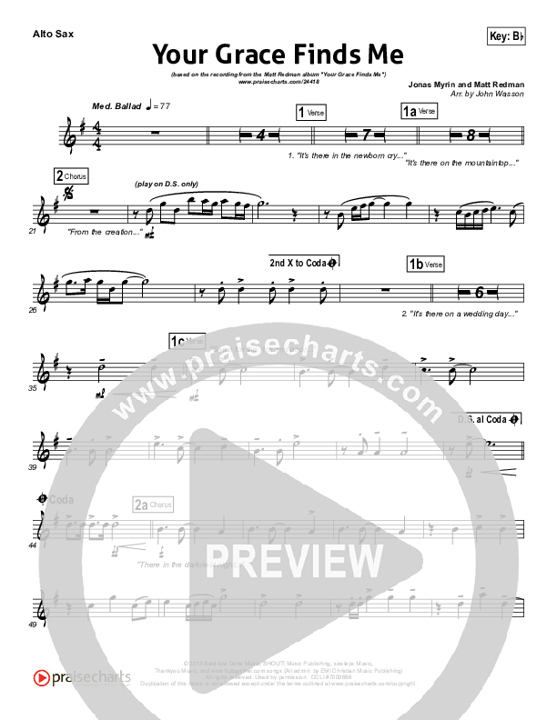 Your Grace Finds Me Alto Sax (Matt Redman)