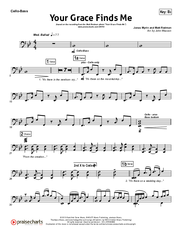 Your Grace Finds Me Cello/Bass (Matt Redman)