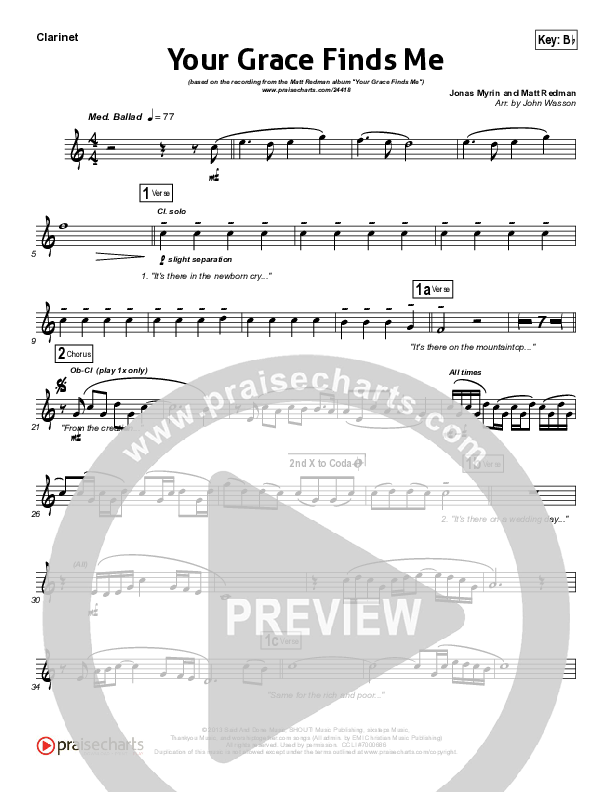 Your Grace Finds Me Clarinet (Matt Redman)