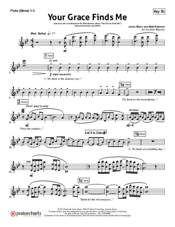 Your Grace Finds Me Flute/Oboe 1/2/3 (Matt Redman)