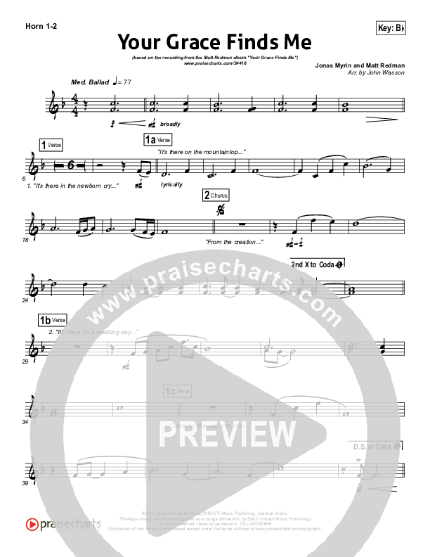 Your Grace Finds Me French Horn 1/2 (Matt Redman)