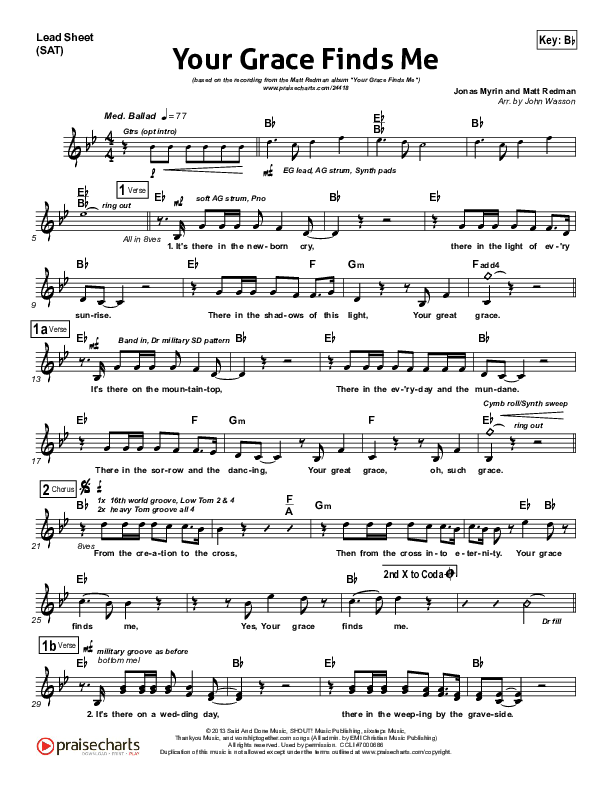 Your Grace Finds Me Lead Sheet (SAT) (Matt Redman)
