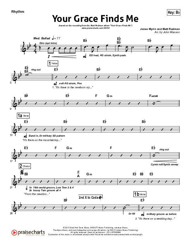 Your Grace Finds Me Rhythm Chart (Matt Redman)
