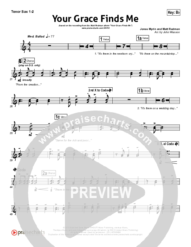 Your Grace Finds Me Tenor Sax 1/2 (Matt Redman)