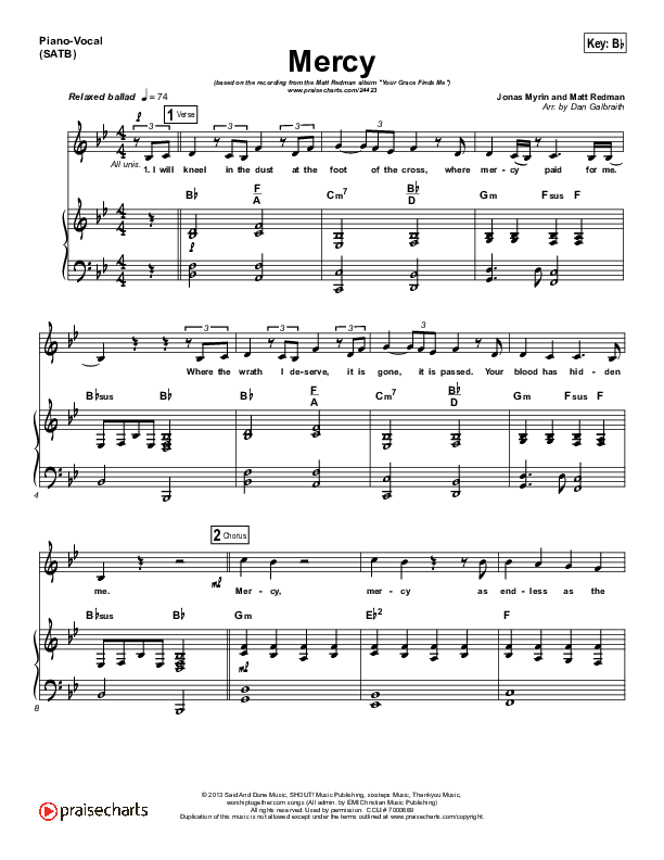 Mercy Piano/Vocal (SATB) (Matt Redman)