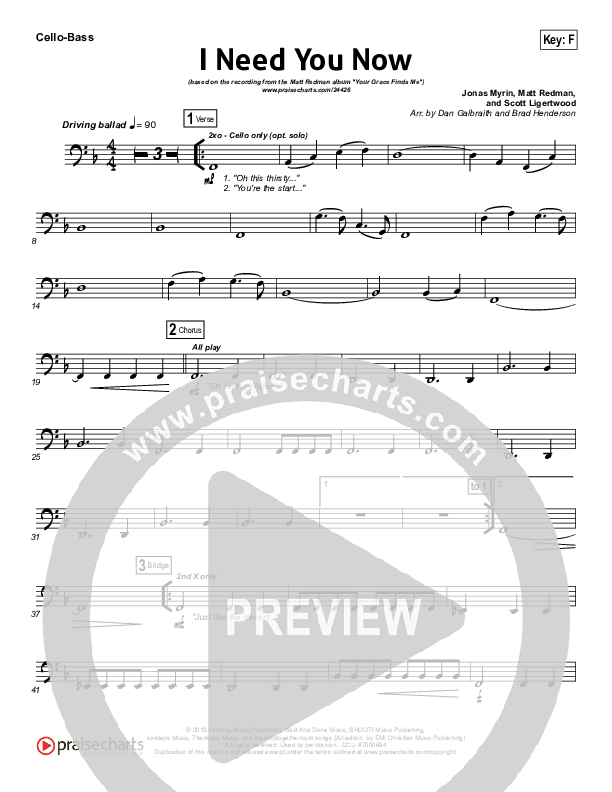 I Need You Now Cello/Bass (Matt Redman)