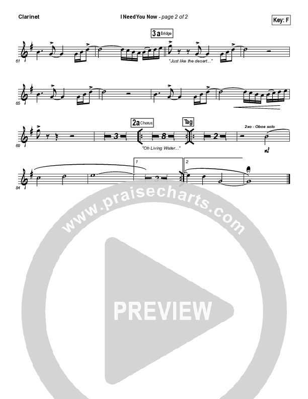 I Need You Now Clarinet (Matt Redman)