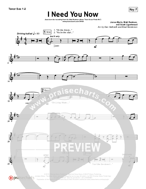 I Need You Now Tenor Sax 1/2 (Matt Redman)