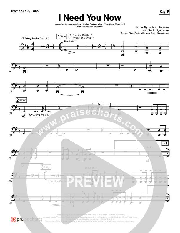 I Need You Now Trombone 3/Tuba (Matt Redman)