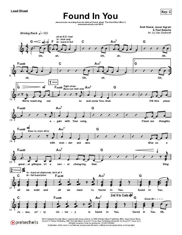 Found In You Lead Sheet (Vertical Worship)