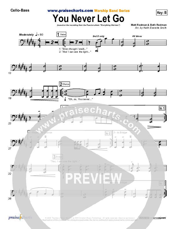 You Never Let Go Cello/Bass (Matt Redman / Passion)