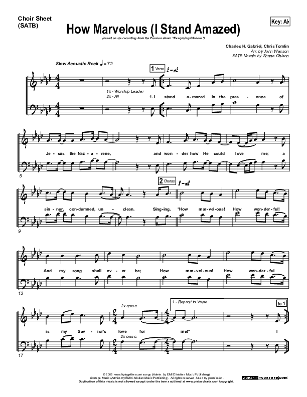 How Marvelous (I Stand Amazed) Choir Sheet (SATB) (Chris Tomlin / Passion)
