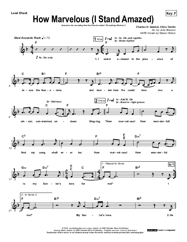 How Marvelous (I Stand Amazed) Lead Sheet (Chris Tomlin / Passion)
