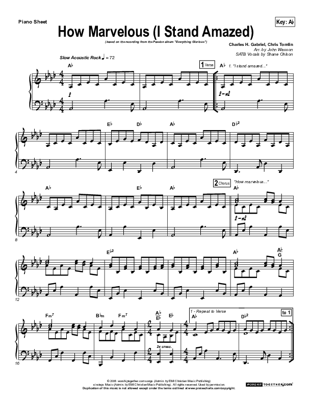 How Marvelous (I Stand Amazed) Piano Sheet (Chris Tomlin / Passion)