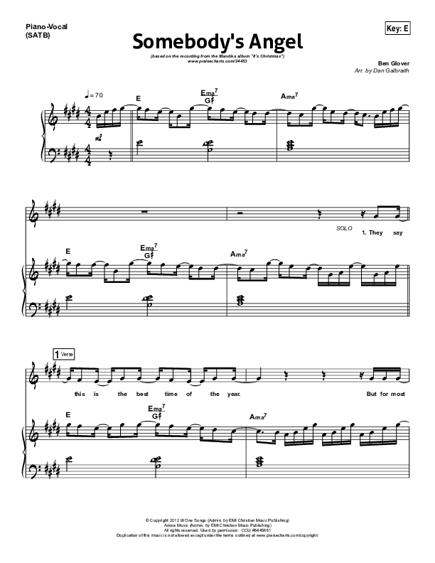 Somebody's Angel Piano/Vocal (SATB) (Mandisa)