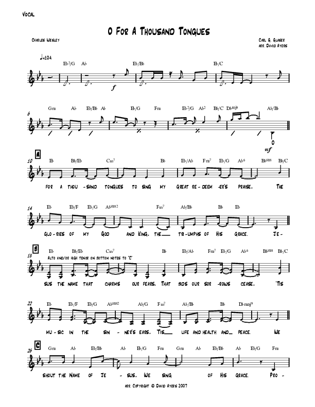 O For A Thousand Tongues (Instrumental) Choir Sheet (David Ayers)