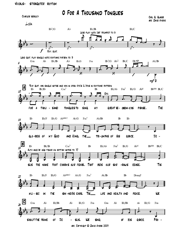 O For A Thousand Tongues (Instrumental) Hymn Sheet (SATB) (David Ayers)