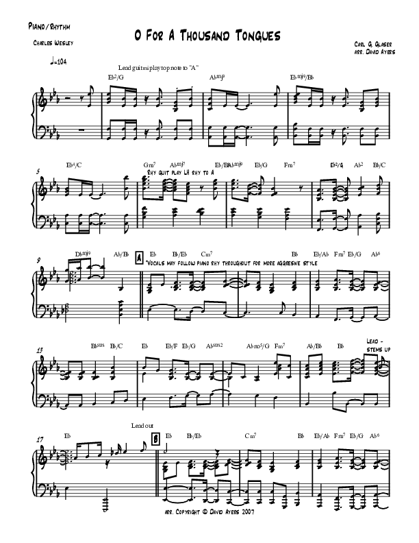 O For A Thousand Tongues (Instrumental) Piano Sheet (David Ayers)