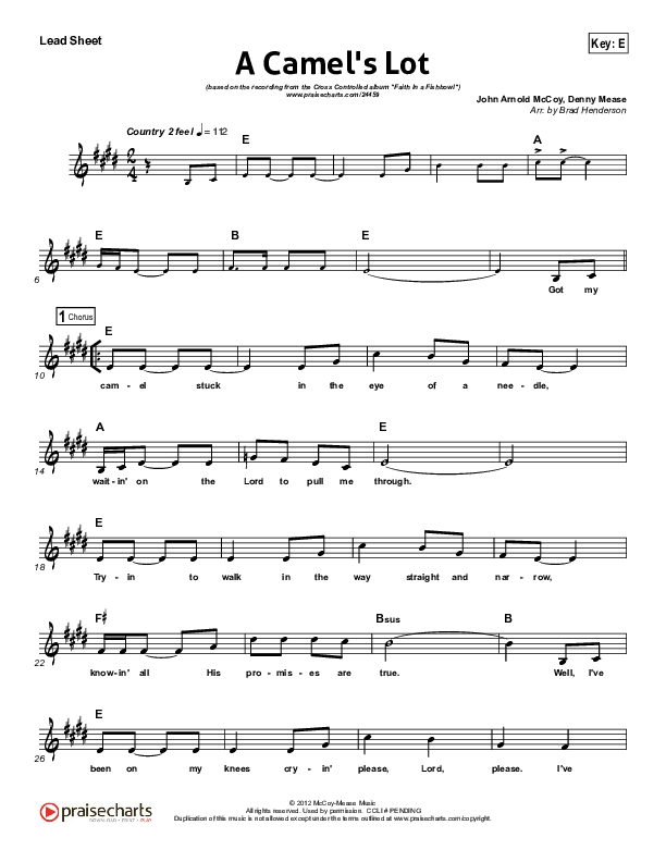 A Camel's Lot Lead Sheet (Cross Controlled / John Mccoy / Dennis Mease / Jon Patchen)