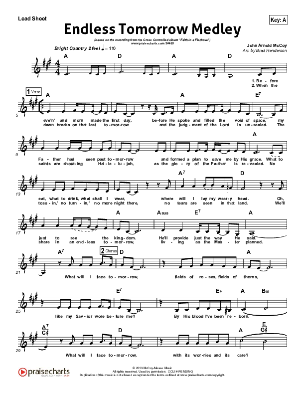 Endless Tomorrow Medley Lead Sheet (Cross Controlled / John Mccoy / Dennis Mease / Jon Patchen)