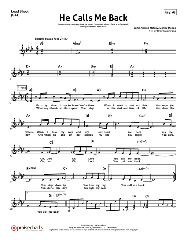 He Calls Me Back Lead Sheet (Cross Controlled / John Mccoy / Dennis Mease / Jon Patchen)