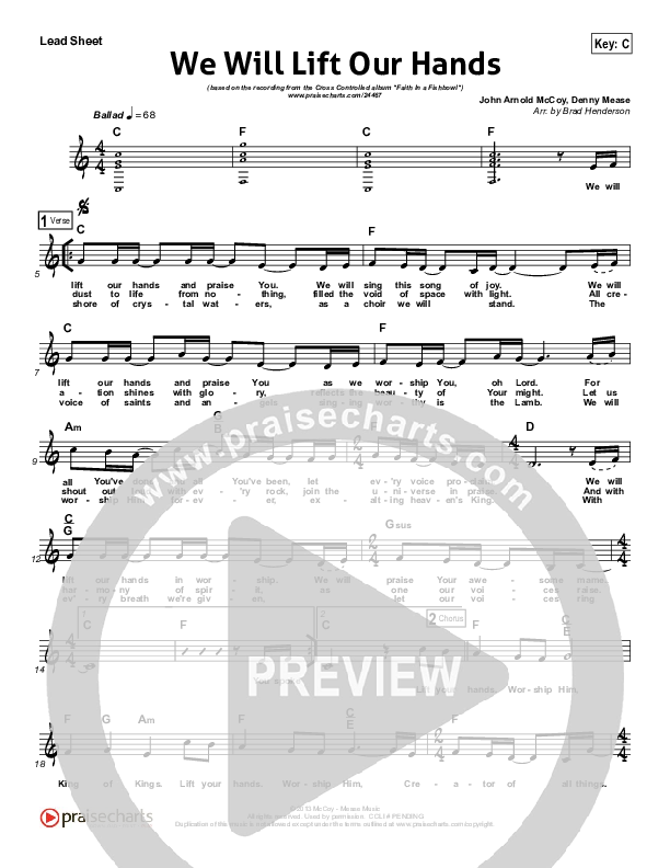 We Will Lift Our Hands Lead Sheet (Cross Controlled / John Mccoy / Dennis Mease / Jon Patchen)
