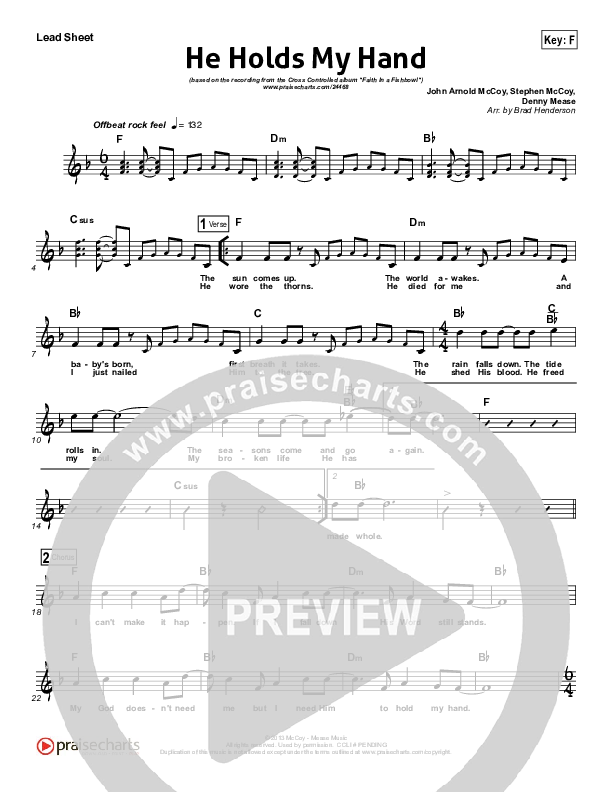He Holds My Hand Lead Sheet (Cross Controlled / John Mccoy / Dennis Mease / Jon Patchen)