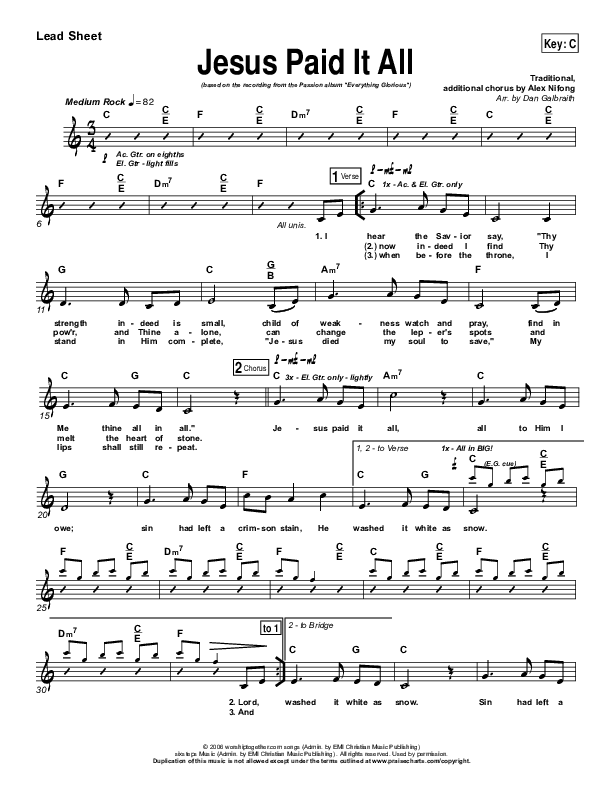 Jesus Paid It All Lead Sheet (Kristian Stanfill / Passion)