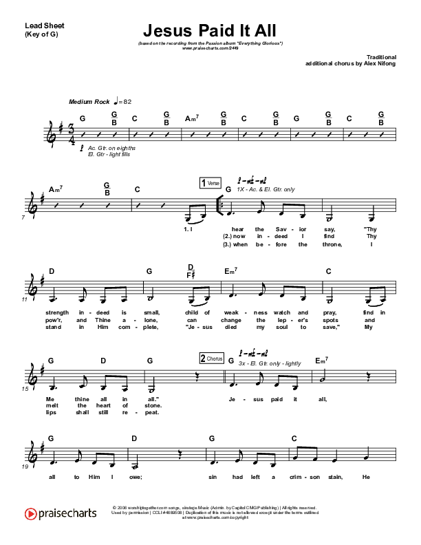 Jesus Paid It All Lead Sheet (Melody) (Kristian Stanfill / Passion)