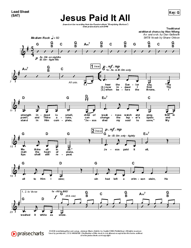 Jesus Paid It All Lead Sheet (SAT) (Kristian Stanfill / Passion)