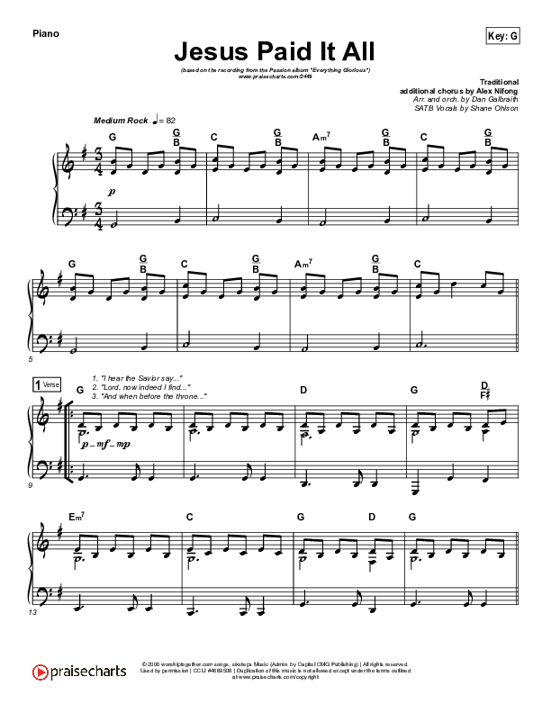 Jesus Paid It All Piano Sheet (Kristian Stanfill / Passion)