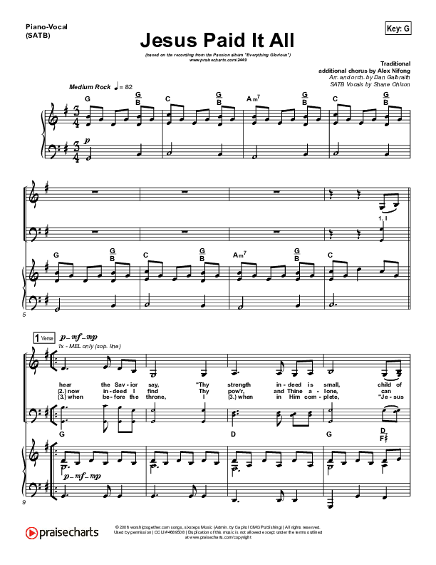 Jesus Paid It All Piano/Vocal (SATB) (Kristian Stanfill / Passion)