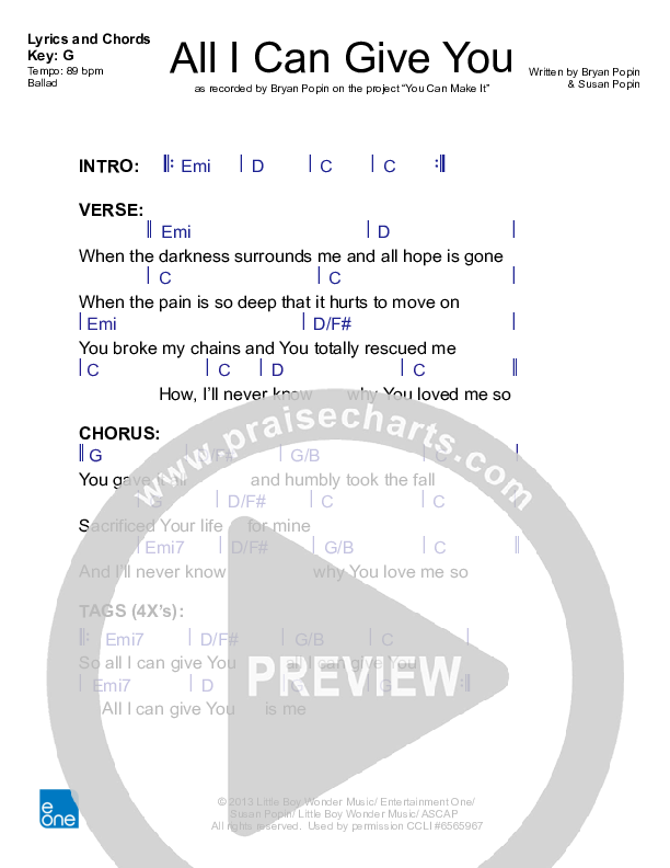 All I Can Give You Chords & Lyrics (Bryan Popin)